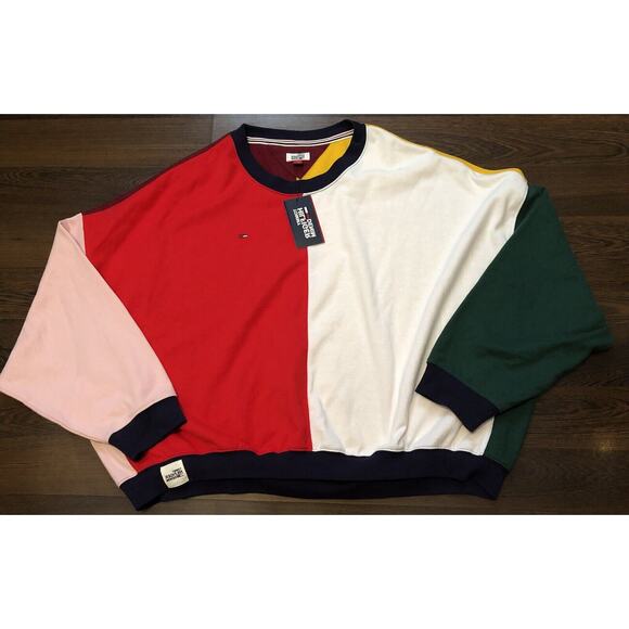 Retro Tommy Hilfiger Women’sXL Cropped Crew Neck Colorblock Sweatshirt Oversized - Picture 1 of 14